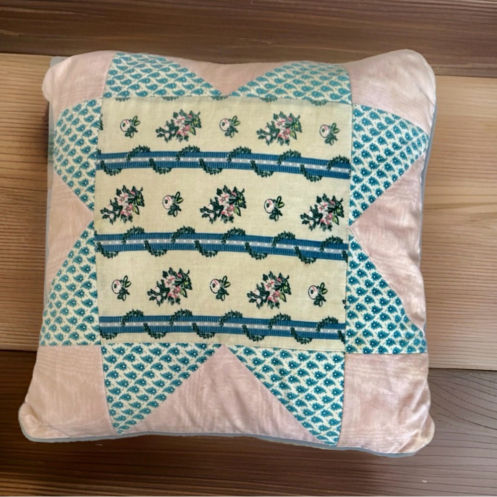 Vintage Laura Ashley Pink and Teal Patchwork Floral Accent Pillow